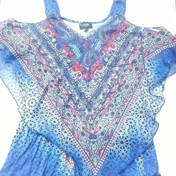 Petite Collection Tank Top w Scarve Overlay Red and Blue Sequins 4th of July - Picture 1 of 7